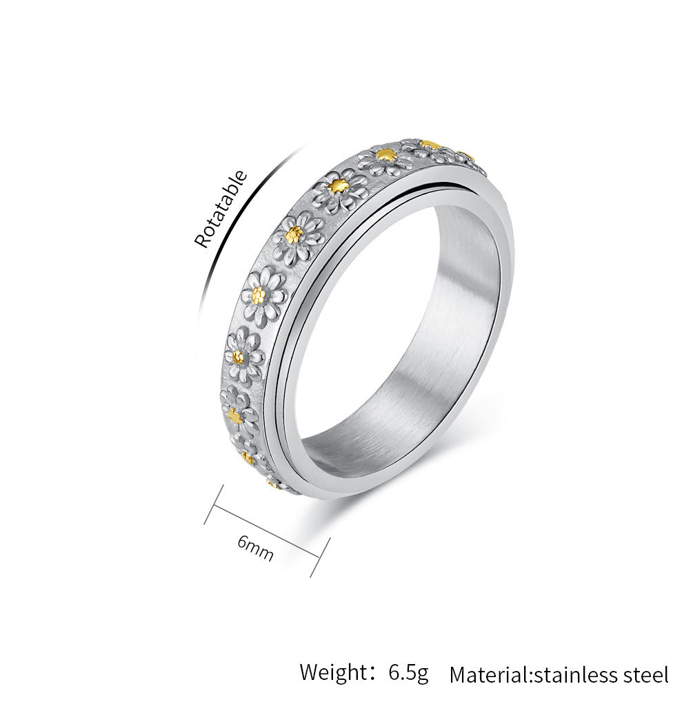 Daisy Spinner Ring, Titanium Steel Fidget Ring for Anxiety Relief - Sunflower Design Unisex Rotating Jewelry