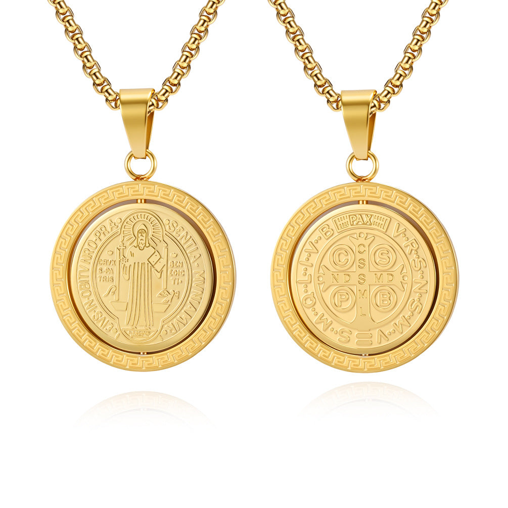 St. Benedict Exorcist Medal Spinning Pendant Necklace for Men, Two-Sided Rotatable Protection Charm