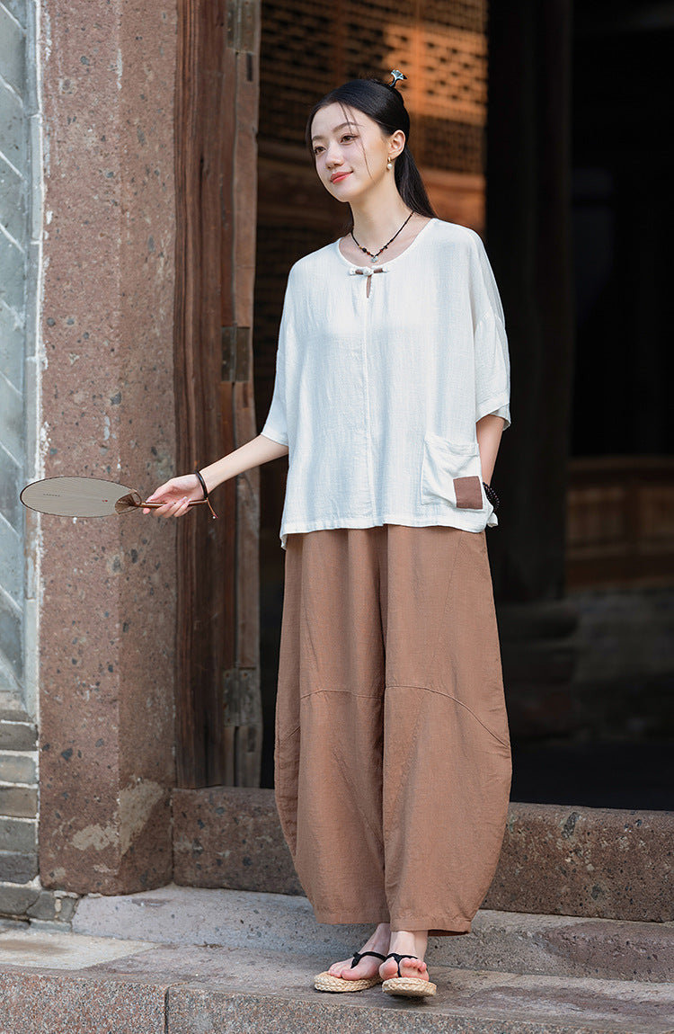 2025 Summer New Retro Zen Casual Pants Women – Linen & Tencel Washed High Waist Wide Leg Culottes for Meditation & Lounge