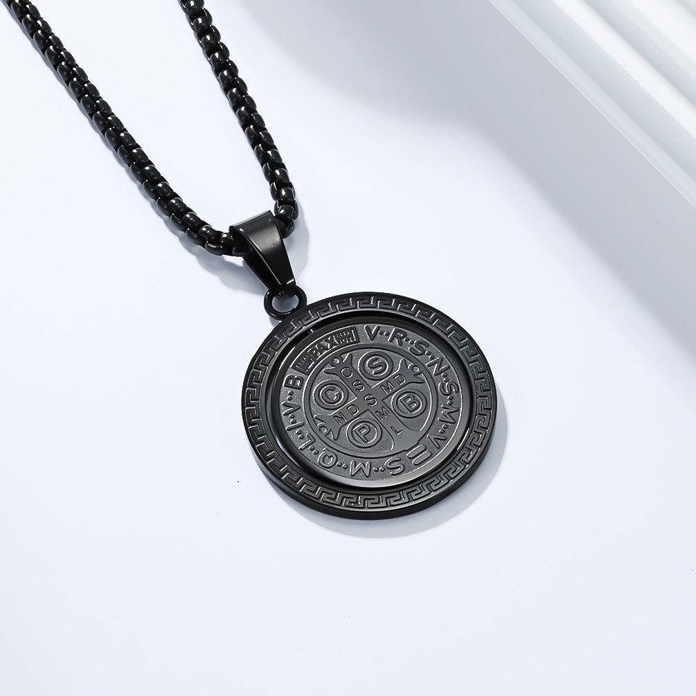 St. Benedict Exorcist Medal Spinning Pendant Necklace for Men, Two-Sided Rotatable Protection Charm