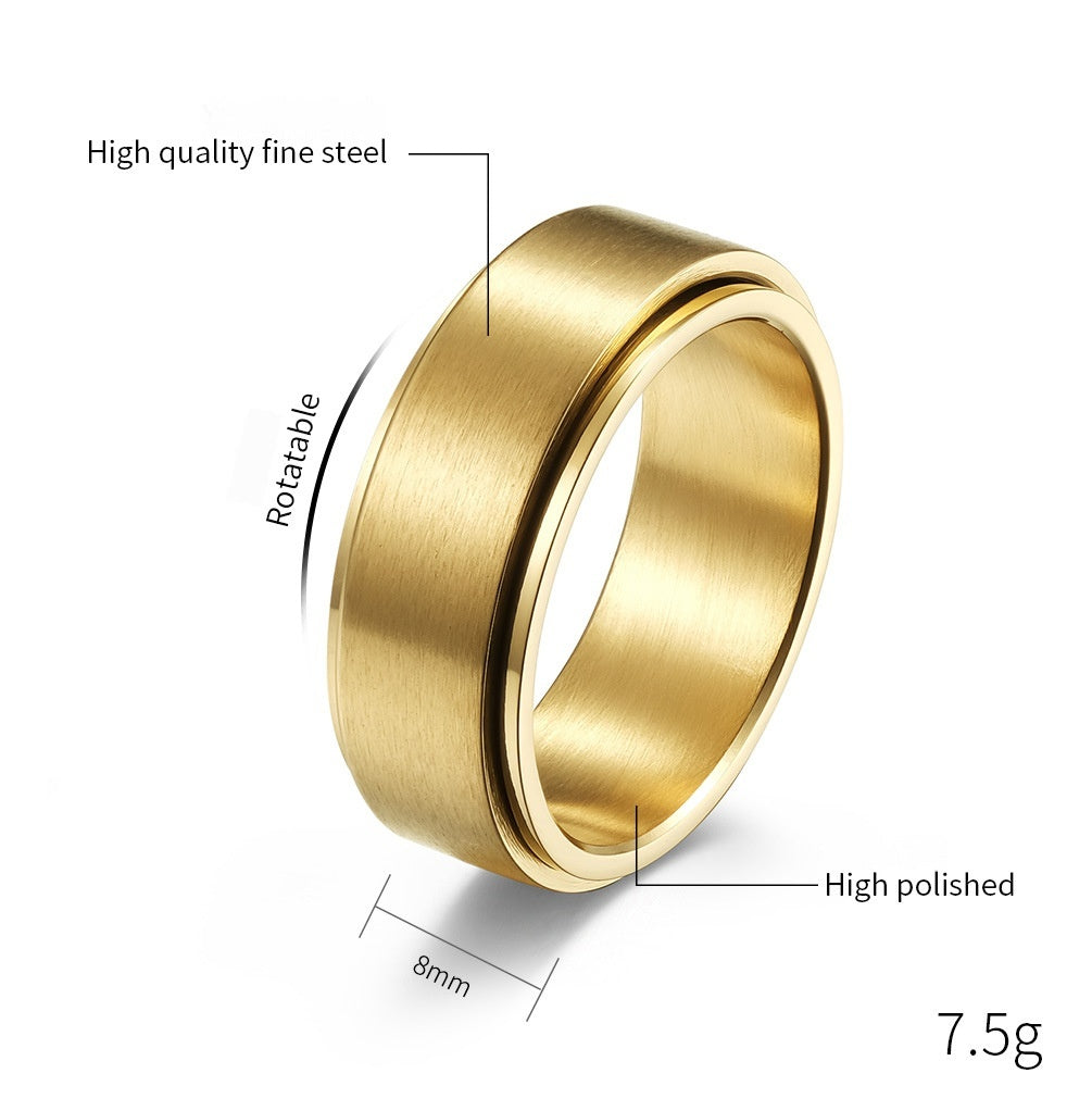 8MM Rotatable Anxiety Relief Titanium Steel Meditation Ring - Matte Brushed 18K Gold Plated Men's Jewelry