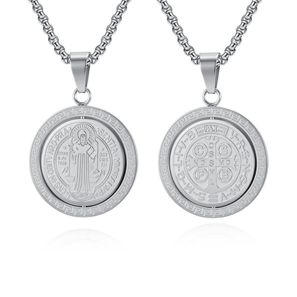 St. Benedict Exorcist Medal Spinning Pendant Necklace for Men, Two-Sided Rotatable Protection Charm