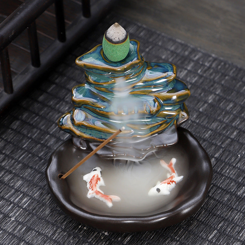 Ceramic Backflow Incense Burner – Handmade Zen Double Fish Design, Reflow Incense Holder for Home Decor, Meditation