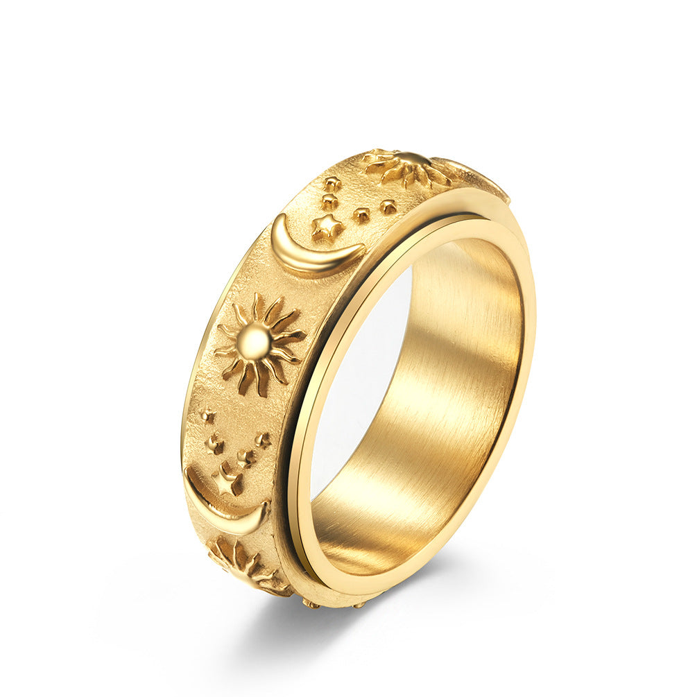 Spinning Sun Moon Stars Ring | Rotating Charm Titanium Steel Fidget Jewelry | Unisex