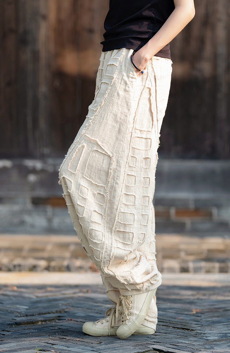 2025 Spring/Summer Original Linen Patchwork Natural Frayed Hem Meditation Harem Pants – Unisex Loose Boho Pants