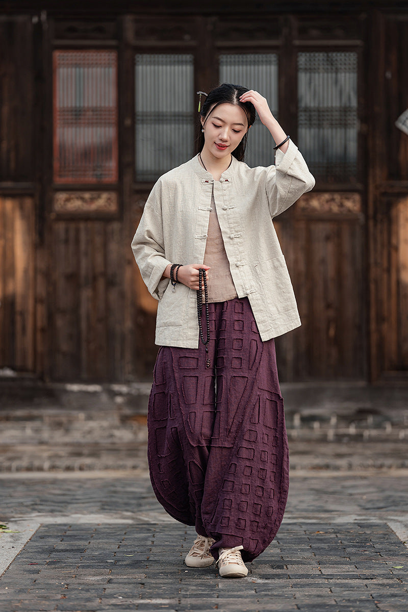 2025 Spring/Summer Original Linen Patchwork Natural Frayed Hem Meditation Harem Pants – Unisex Loose Boho Pants
