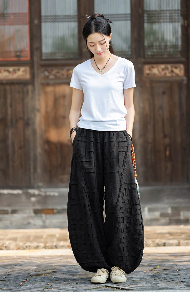 2025 Spring/Summer Original Linen Patchwork Natural Frayed Hem Meditation Harem Pants – Unisex Loose Boho Pants