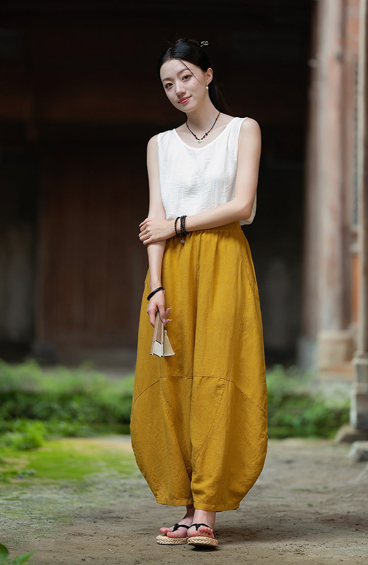 2025 Summer New Retro Zen Casual Pants Women – Linen & Tencel Washed High Waist Wide Leg Culottes for Meditation & Lounge