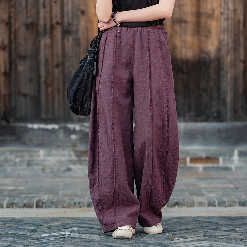 2025 Spring Summer New Linen Women Pants, Ramie Blend Brushed Wide-Leg Lantern Pants, Boho Retro Loose Culottes