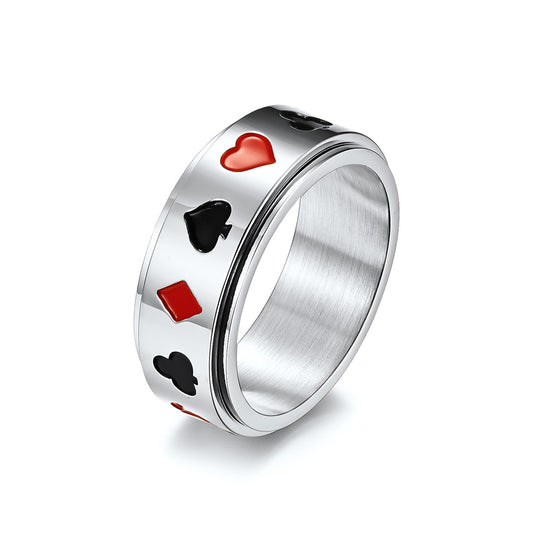 Spade Heart Club Diamond Poker Pattern Titanium Steel Spinning Meditation Ring for Anxiety Relief & Stress Reduction (Unisex)
