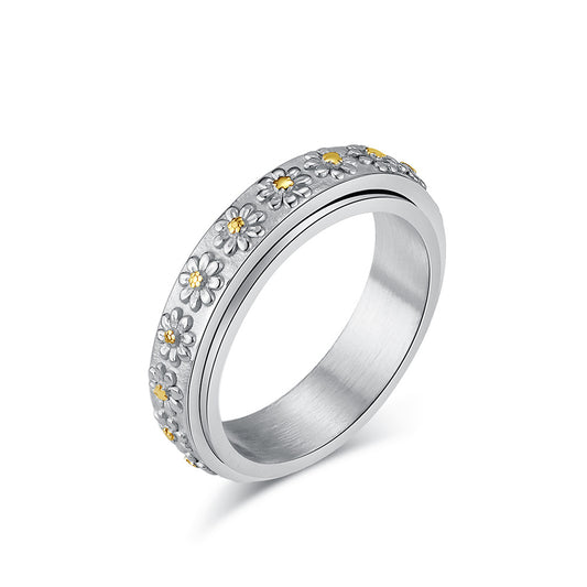 Daisy Spinner Ring, Titanium Steel Fidget Ring for Anxiety Relief - Sunflower Design Unisex Rotating Jewelry
