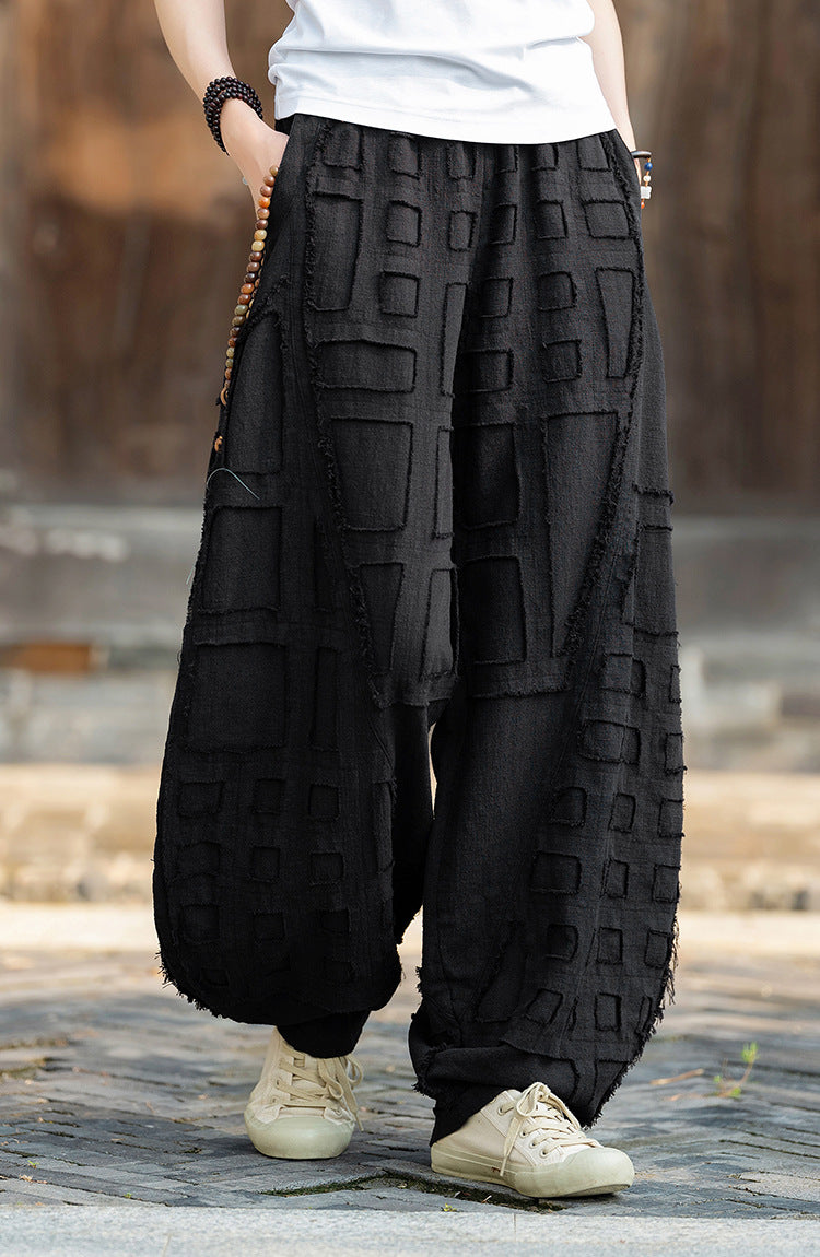 2025 Spring/Summer Original Linen Patchwork Natural Frayed Hem Meditation Harem Pants – Unisex Loose Boho Pants