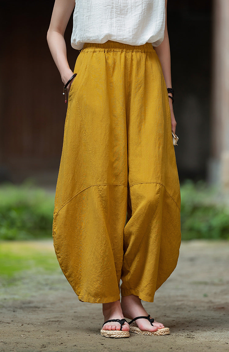 2025 Summer New Retro Zen Casual Pants Women – Linen & Tencel Washed High Waist Wide Leg Culottes for Meditation & Lounge