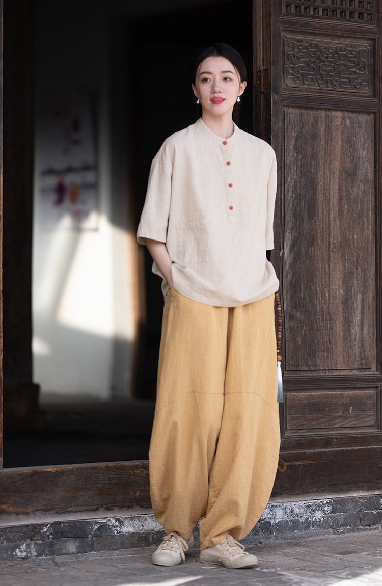 Ramie Sand-Washed Vintage Loose Bohemian Pants Women's Harem Pants – Cotton Linen Meditation Yoga Tai Chi Pants
