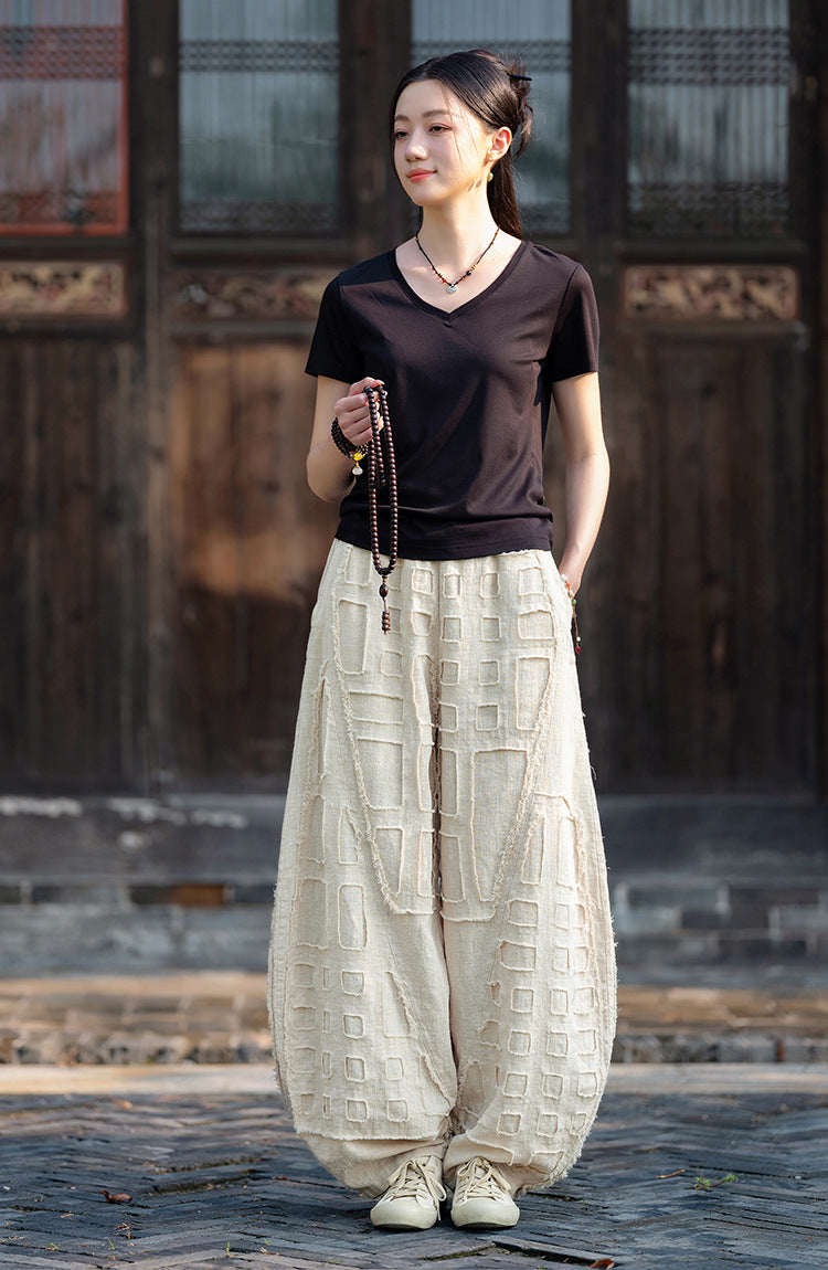 2025 Spring/Summer Original Linen Patchwork Natural Frayed Hem Meditation Harem Pants – Unisex Loose Boho Pants