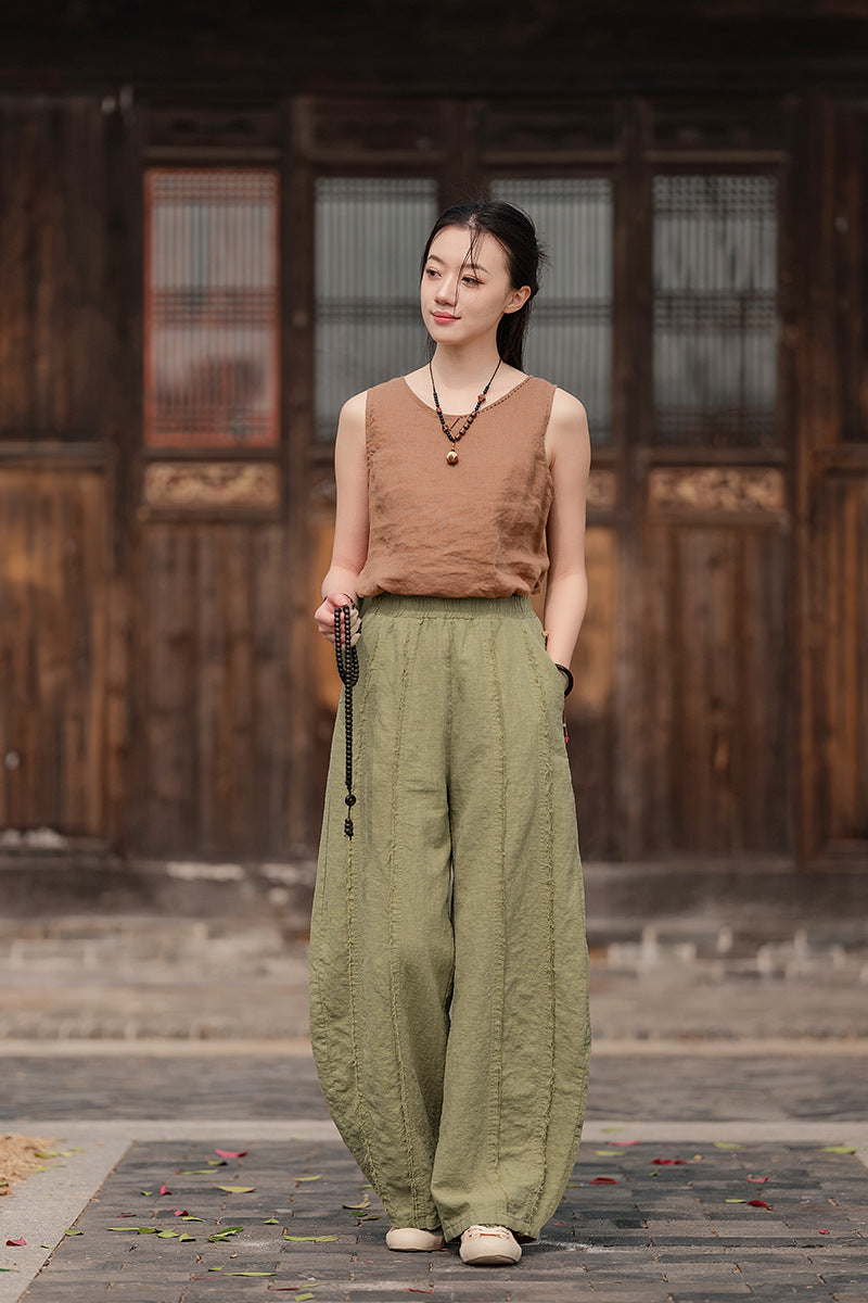2025 Spring Summer New Linen Women Pants, Ramie Blend Brushed Wide-Leg Lantern Pants, Boho Retro Loose Culottes