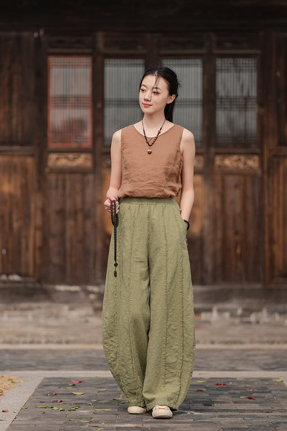 2025 Spring Summer New Linen Women Pants, Ramie Blend Brushed Wide-Leg Lantern Pants, Boho Retro Loose Culottes