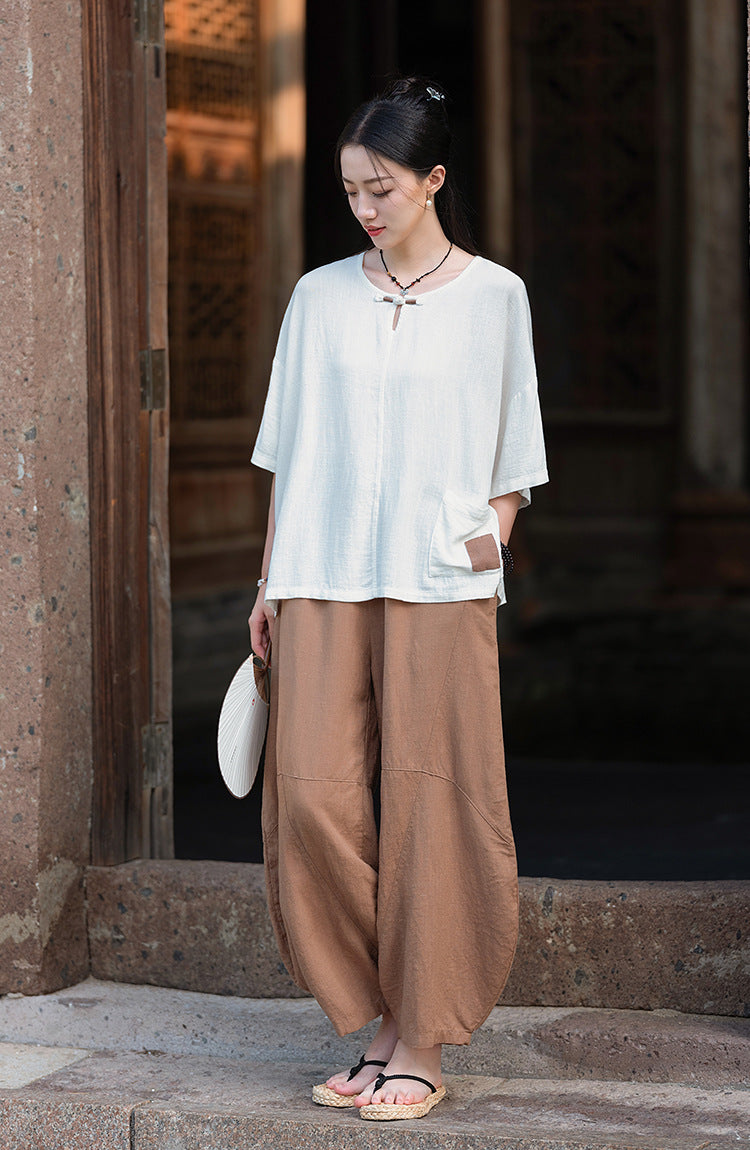 2025 Summer New Retro Zen Casual Pants Women – Linen & Tencel Washed High Waist Wide Leg Culottes for Meditation & Lounge