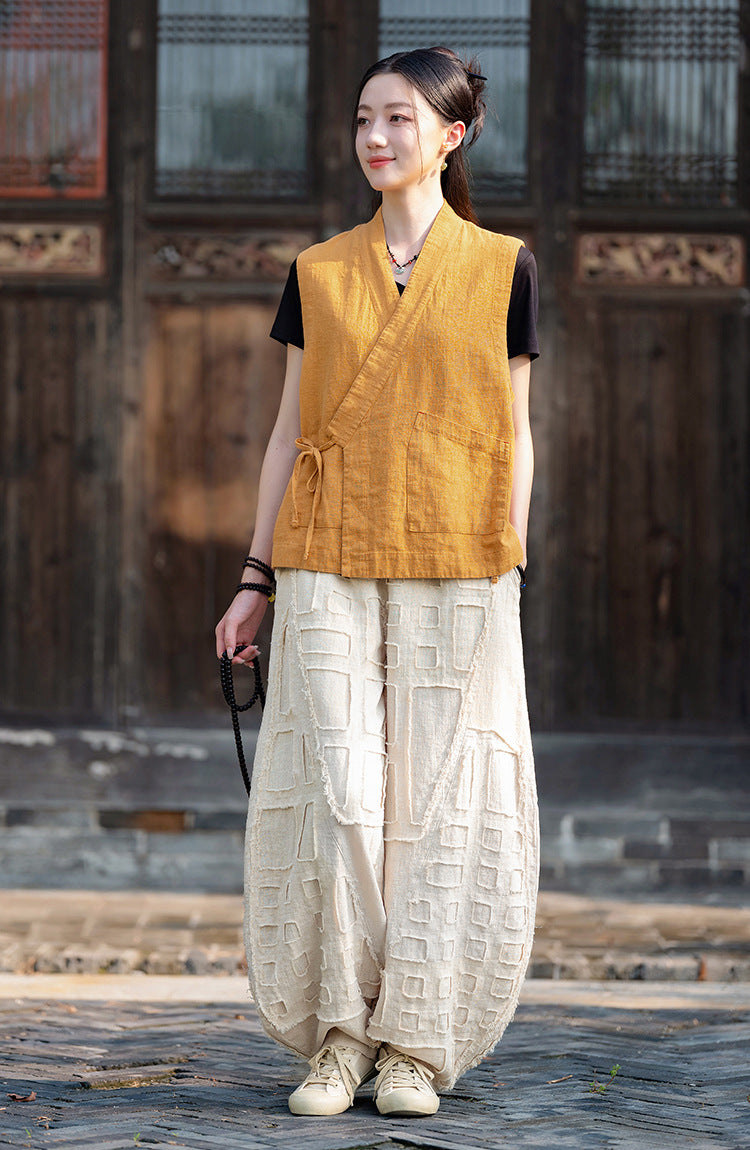 2025 Spring/Summer Original Linen Patchwork Natural Frayed Hem Meditation Harem Pants – Unisex Loose Boho Pants
