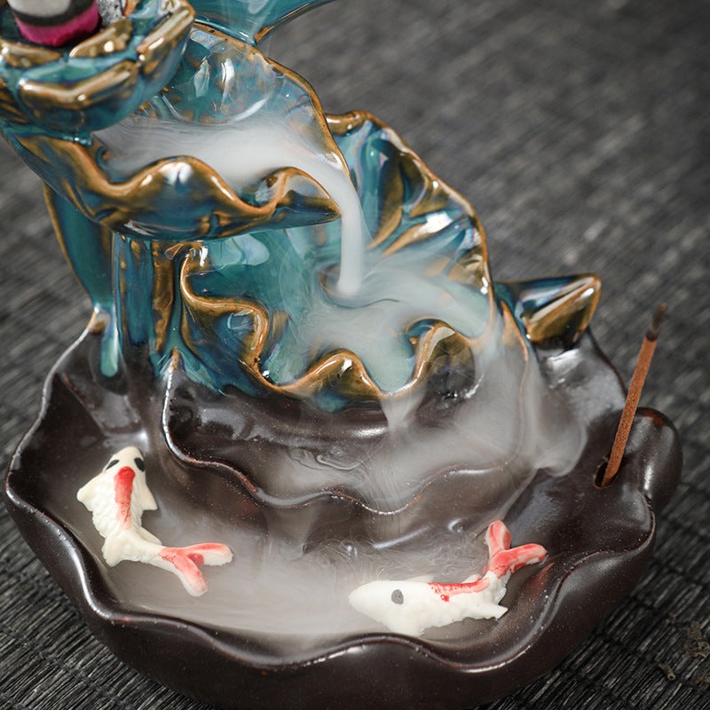 Ceramic Backflow Incense Burner – Handmade Zen Double Fish Design, Reflow Incense Holder for Home Decor, Meditation