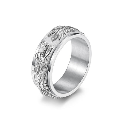Chinese Dragon Spinning Meditation Ring for Stress Relief - Rotatable Feng Shui Men's Titanium Steel Ring