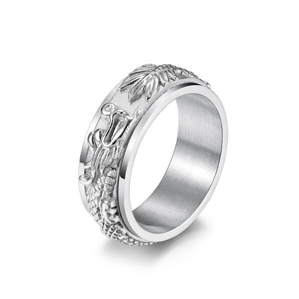 Chinese Dragon Spinning Meditation Ring for Stress Relief - Rotatable Feng Shui Men's Titanium Steel Ring
