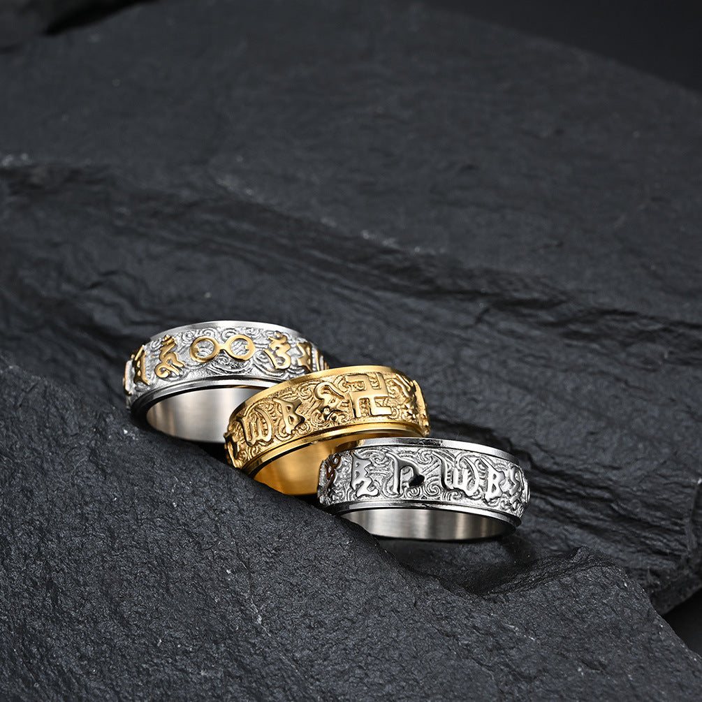 Buddhist Six-Syllable Mantra Titanium Steel Ring - Rotatable Lotus & Cloud Pattern - Unisex Meditation Ring