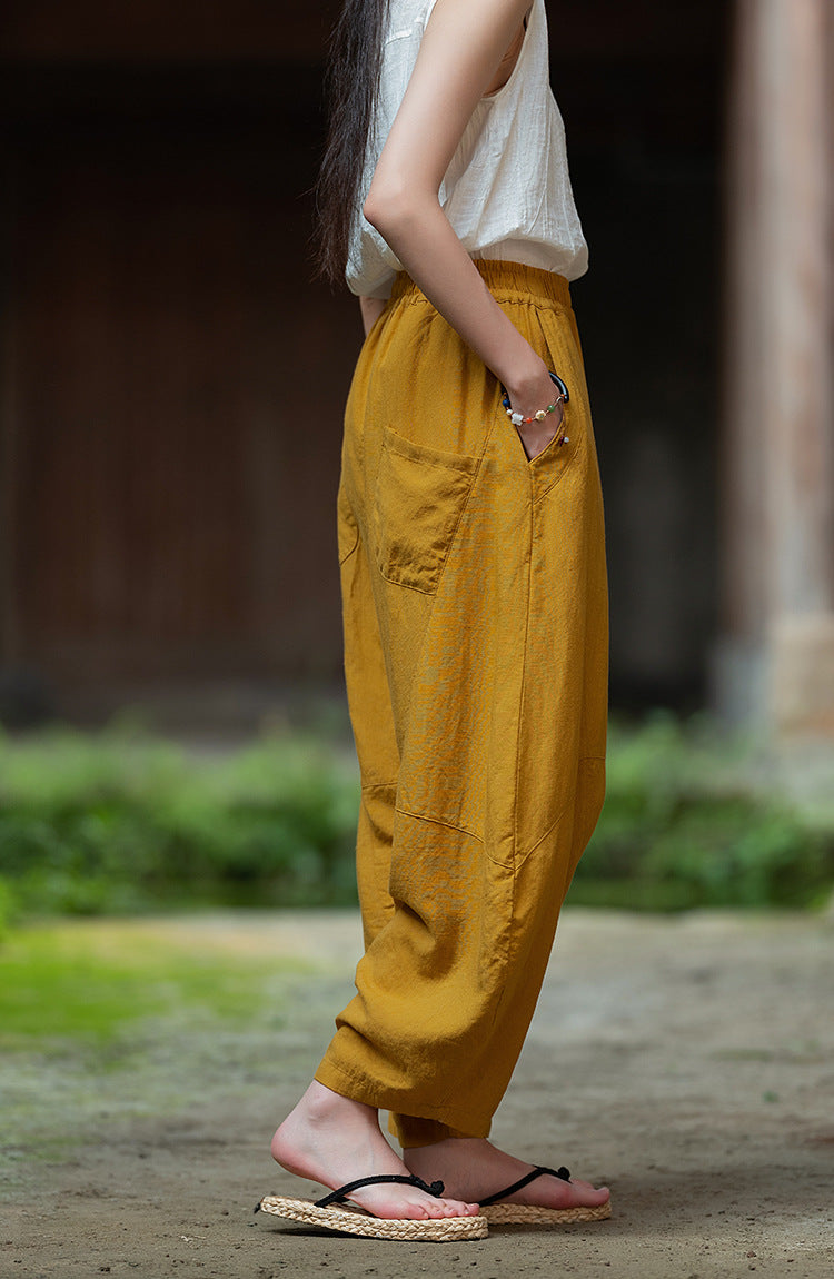 2025 Summer New Retro Zen Casual Pants Women – Linen & Tencel Washed High Waist Wide Leg Culottes for Meditation & Lounge