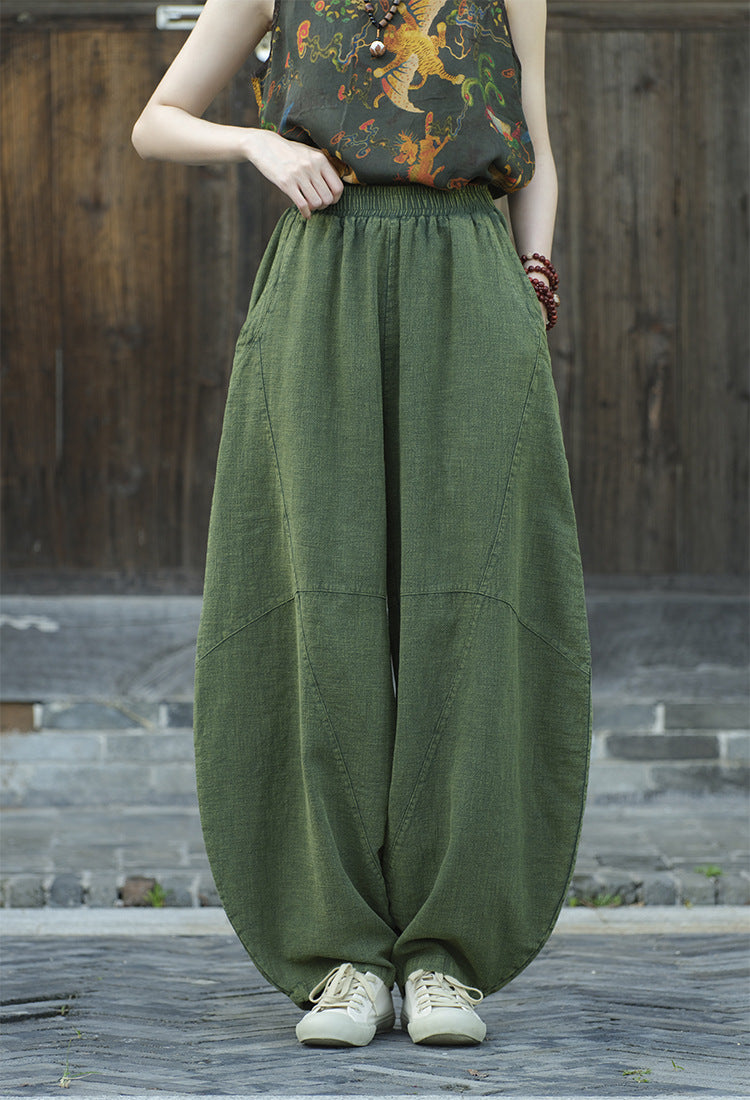 Ramie Sand-Washed Vintage Loose Bohemian Pants Women's Harem Pants – Cotton Linen Meditation Yoga Tai Chi Pants