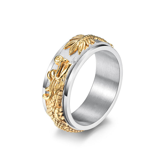 Chinese Dragon Spinning Meditation Ring for Stress Relief - Rotatable Feng Shui Men's Titanium Steel Ring