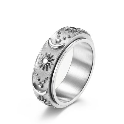 Spinning Sun Moon Stars Ring | Rotating Charm Titanium Steel Fidget Jewelry | Unisex