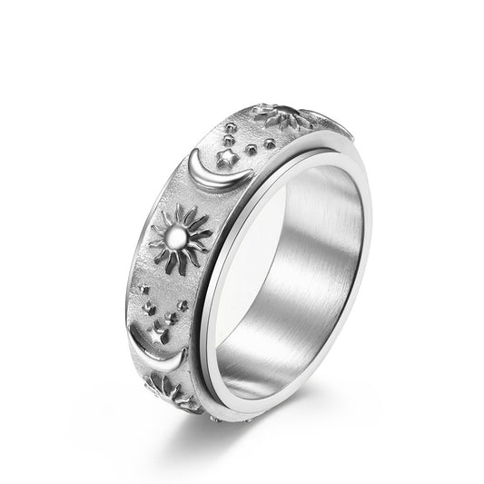 Spinning Sun Moon Stars Ring | Rotating Charm Titanium Steel Fidget Jewelry | Unisex