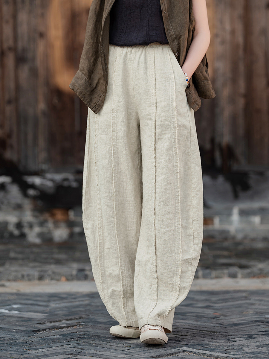 2025 Spring Summer New Linen Women Pants, Ramie Blend Brushed Wide-Leg Lantern Pants, Boho Retro Loose Culottes