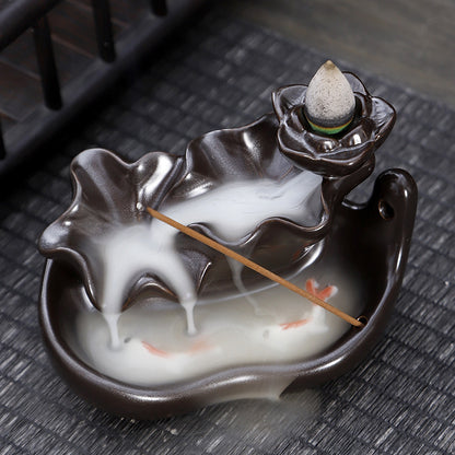 Ceramic Backflow Incense Burner – Handmade Zen Double Fish Design, Reflow Incense Holder for Home Decor, Meditation