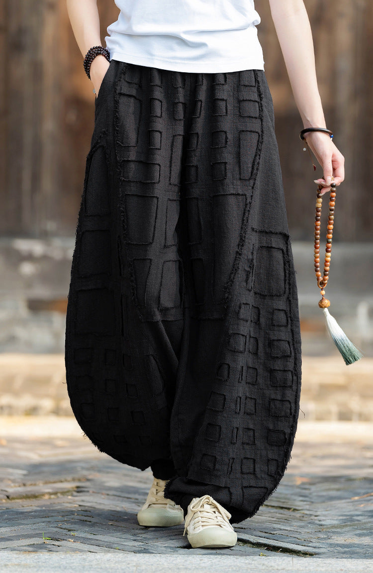 2025 Spring/Summer Original Linen Patchwork Natural Frayed Hem Meditation Harem Pants – Unisex Loose Boho Pants