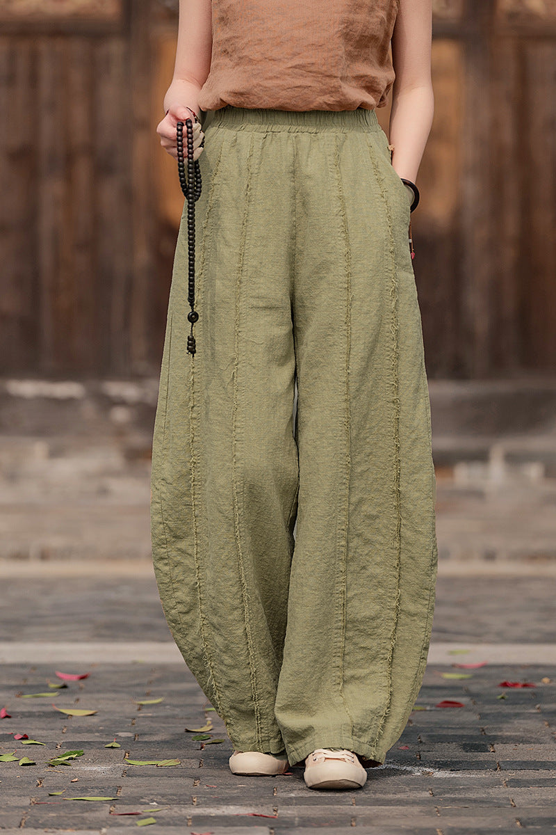 2025 Spring Summer New Linen Women Pants, Ramie Blend Brushed Wide-Leg Lantern Pants, Boho Retro Loose Culottes