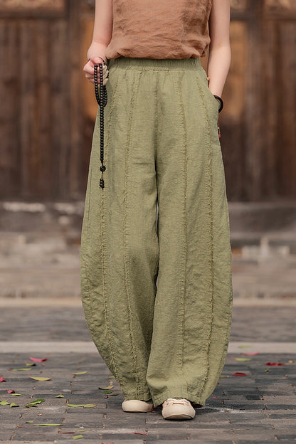 2025 Spring Summer New Linen Women Pants, Ramie Blend Brushed Wide-Leg Lantern Pants, Boho Retro Loose Culottes
