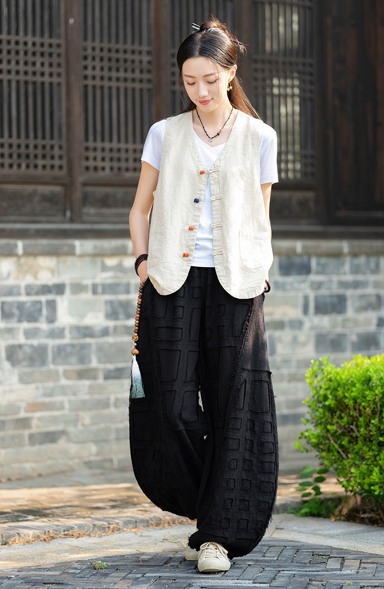 2025 Spring/Summer Original Linen Patchwork Natural Frayed Hem Meditation Harem Pants – Unisex Loose Boho Pants