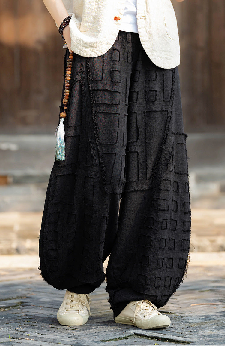 2025 Spring/Summer Original Linen Patchwork Natural Frayed Hem Meditation Harem Pants – Unisex Loose Boho Pants