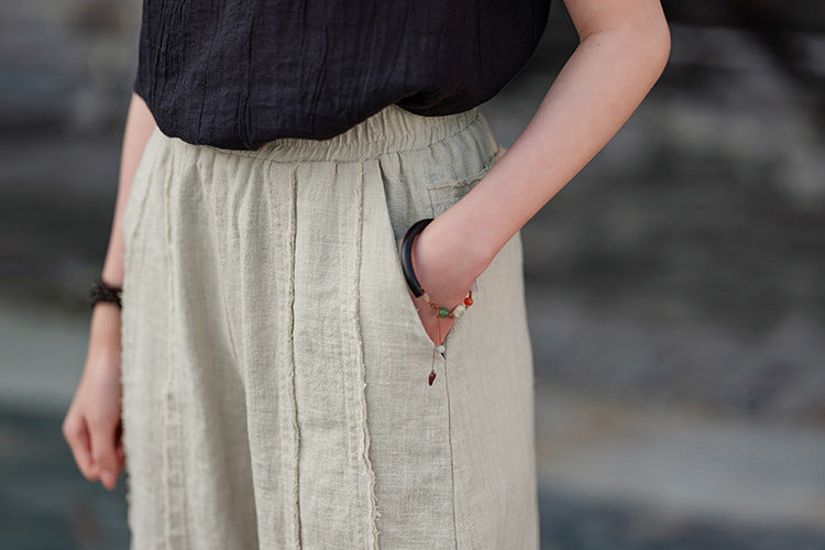 2025 Spring Summer New Linen Women Pants, Ramie Blend Brushed Wide-Leg Lantern Pants, Boho Retro Loose Culottes