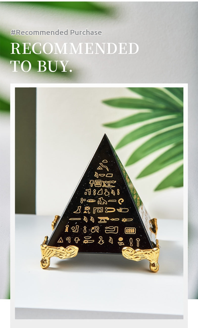 Obsidian Scripture Pyramid | Ancient Egyptian Crystal Pyramid | Meditation Energy Tower | Home Decor Ornament