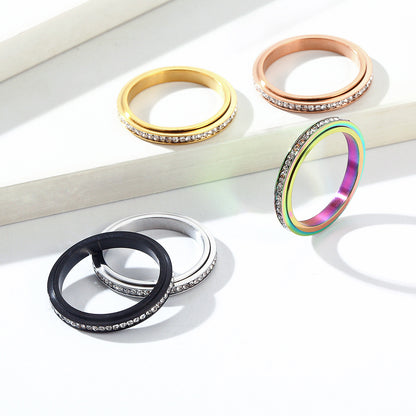 INS Minimalist 3mm Full Diamond Rotating Titanium Steel Meditation Anxiety Relief Ring, Stackable Elegant Stress-Relief Pinky Ring for Women