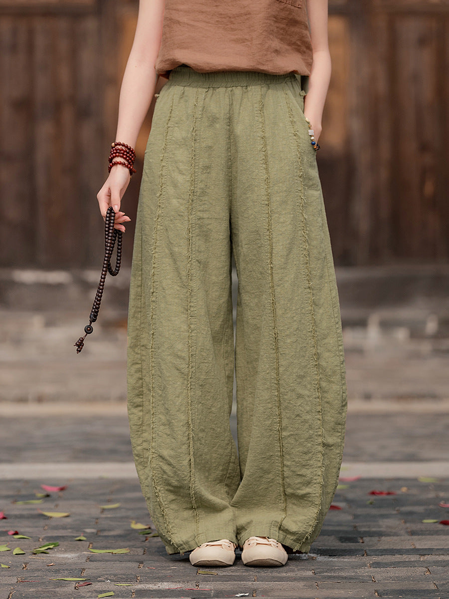 2025 Spring Summer New Linen Women Pants, Ramie Blend Brushed Wide-Leg Lantern Pants, Boho Retro Loose Culottes
