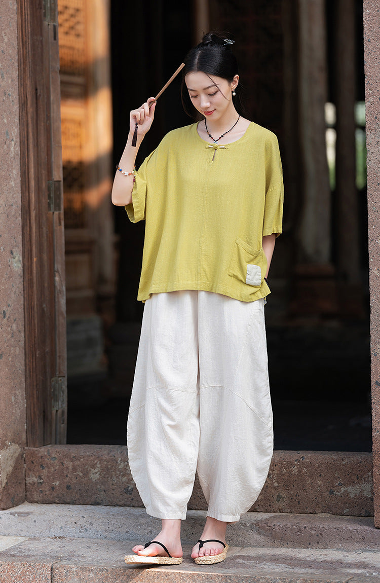 2025 Summer New Retro Zen Casual Pants Women – Linen & Tencel Washed High Waist Wide Leg Culottes for Meditation & Lounge