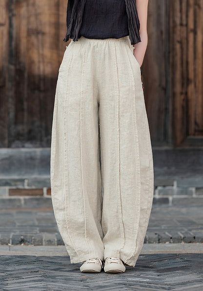 2025 Spring Summer New Linen Women Pants, Ramie Blend Brushed Wide-Leg Lantern Pants, Boho Retro Loose Culottes