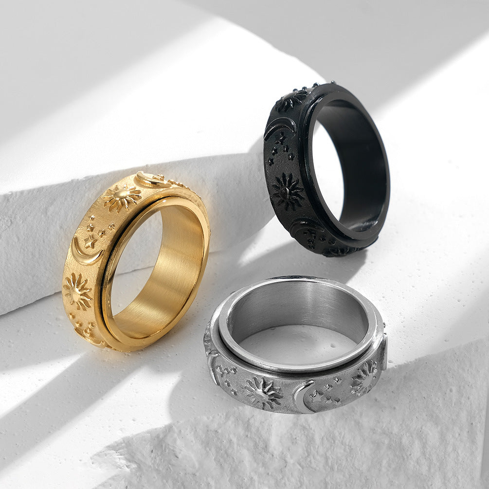 Spinning Sun Moon Stars Ring | Rotating Charm Titanium Steel Fidget Jewelry | Unisex