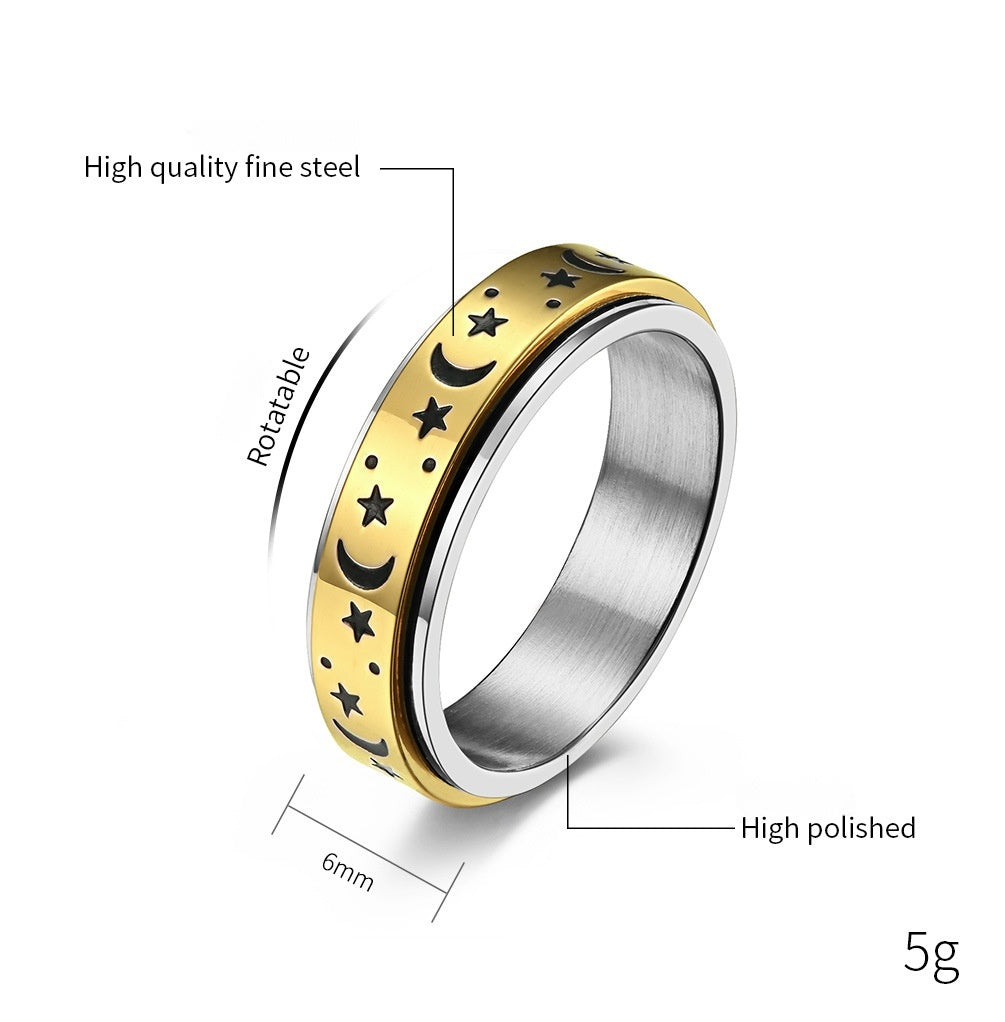Star Moon Titanium Steel Rotatable Glow in the Dark Ring for Stress Relief Anxiety Reduction Unisex Meditation Ring