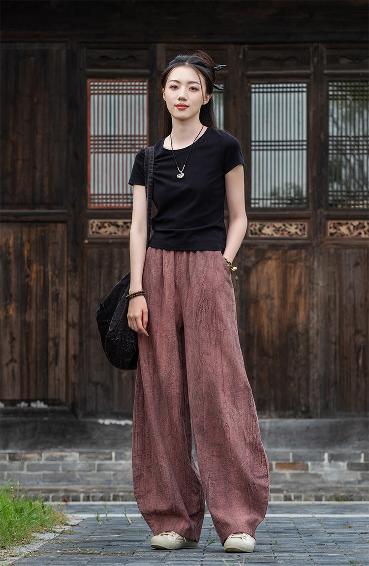 2025 New Ramie Tie-Dye Distressed Casual Pants – Women’s Linen Boho Meditation Harem Pants