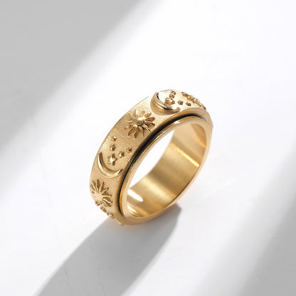 Spinning Sun Moon Stars Ring | Rotating Charm Titanium Steel Fidget Jewelry | Unisex