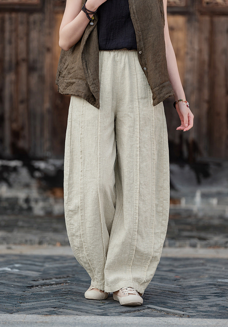 2025 Spring Summer New Linen Women Pants, Ramie Blend Brushed Wide-Leg Lantern Pants, Boho Retro Loose Culottes